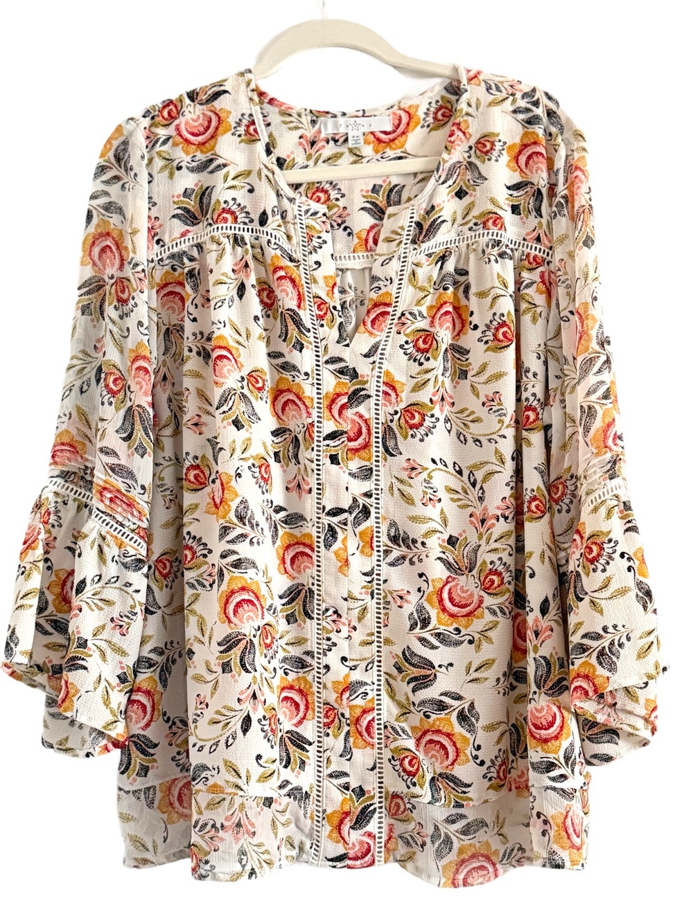 Fever Floral Peasant Blouse - Cream with Pink & Yellow Floral Print 2X